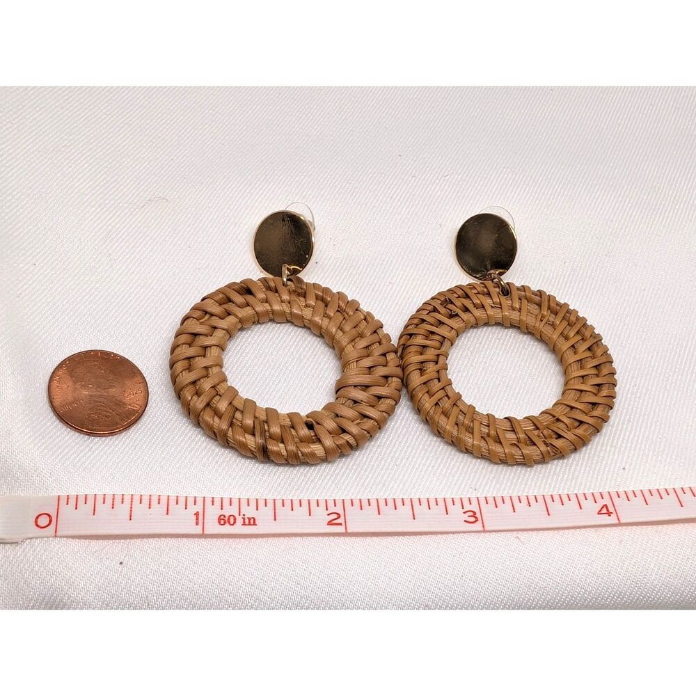 Straw Wicker Weave Hoop Dangle Earrings - Picture 3 of 4